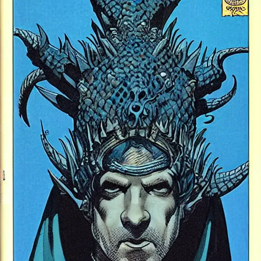 Prompt: head and shoulders portrait of a medieval d & d fantasy anthropomorphic blue dragon - headed sorcerer, comic book cover art by phil noto, frank miller, jeff easley, and hr giger