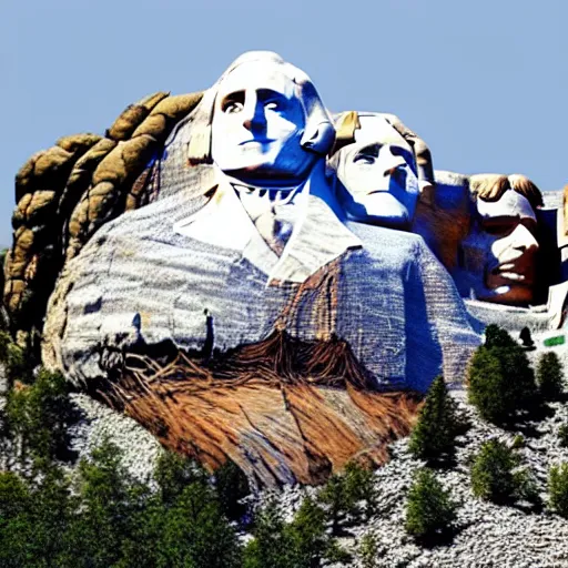 Image similar to a photo of mount rushmore after donald trump's face had been added. the photo depicts a clearly recognizable donald trump carved into the stone at the mountain top