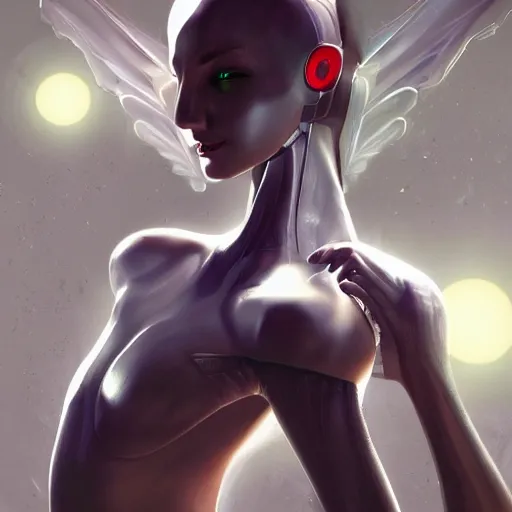 Image similar to masterpiece!!!! portrait of a futuristic android, science fiction, smooth technology, smooth body, fairy wings, intricate, headshot, highly detailed, digital painting, trending on artstation, concept art, sharp focus, cinematic lighting, illustration, art by masamune shirow , vivid colors, warm glows, particles, cgsociety