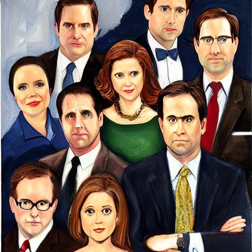 Image similar to the cast of the office, steve carell, jenna fischer, john krasinski, rainn wilson, portrait painting by edward hopper