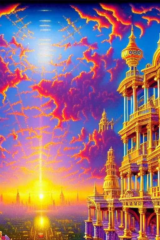 Prompt: a photorealistic detailed cinematic image of a beautiful vibrant iridescent future for human evolution, spiritual science, divinity, utopian, cumulus clouds, ornate architecture, isometric palace, sunset, ornate intricate embellished kingdom. jewels and diamonds, by david a. hardy, kinkade, lisa frank, wpa, public works mural, socialist