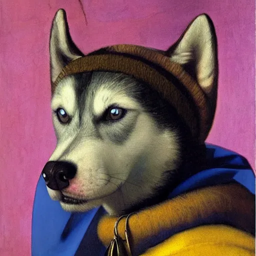 Prompt: A husky dog with a pearl earring by Johannes Vermeer