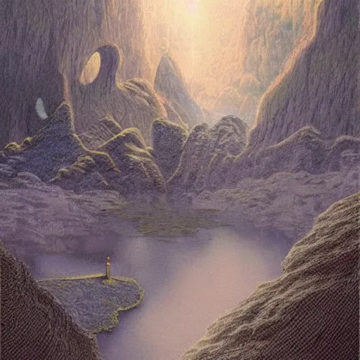 Image similar to beautiful scene from a dream. mountains. digital artwork by vincent bons, michael whelan, remedios varo and gerardo dottori. grainy and rough. interesting pastel colour palette. beautiful light. oil and water colour based on high quality render.