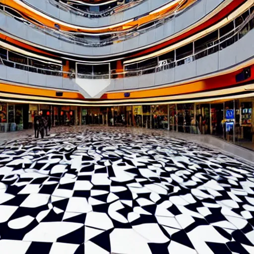 Prompt: a photograph of a shopping mall designed by Victor Vasarely