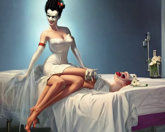 Image similar to phtorealistic modern pin up of the bride of frankenstein posing in a bed in the room of a sanatarium, full body, campy color scheme, realistic, center, smooth, detailed, aly fell, daniela uhlig