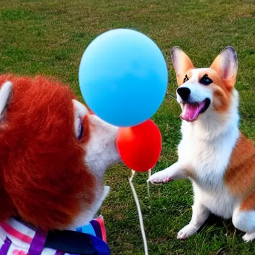 Image similar to Corgi on shrooms fights scary clowns