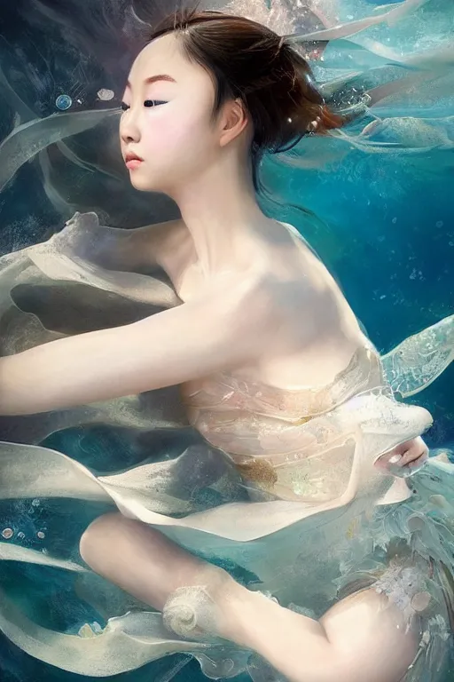 Image similar to stunningly beautiful, asian prima ballerina at the bottom of the great barrier reef, smooth, focus, highly detailed, hyper realistic, dramatic lighting, intricate, concept art, art by wlop, mars ravelo