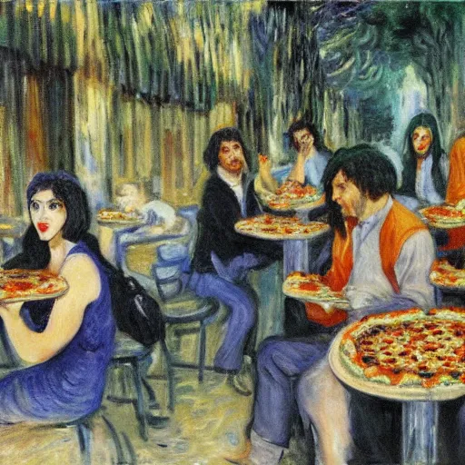 Prompt: a bunch of disco vampires eating pizza in tel aviv by monet