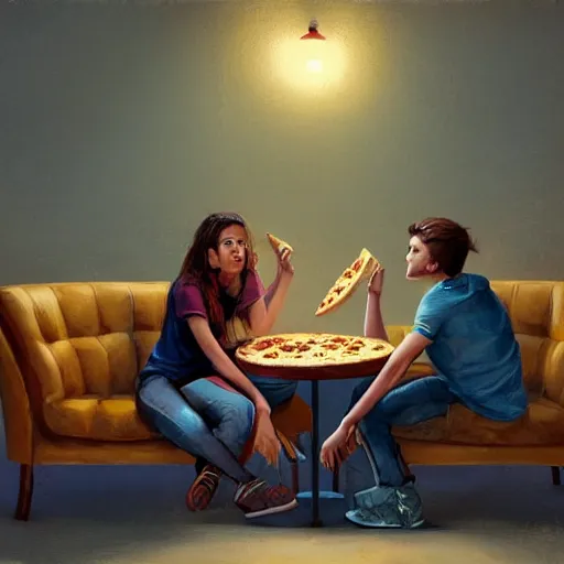 Image similar to two young friends sitting one in front another on couches, a small chair in between them with large pizza on the chair, they are eating pizza, room, fourniture, good colors, 8 k, detailed, by greg rutkowski, trending on artstation, best of artstation