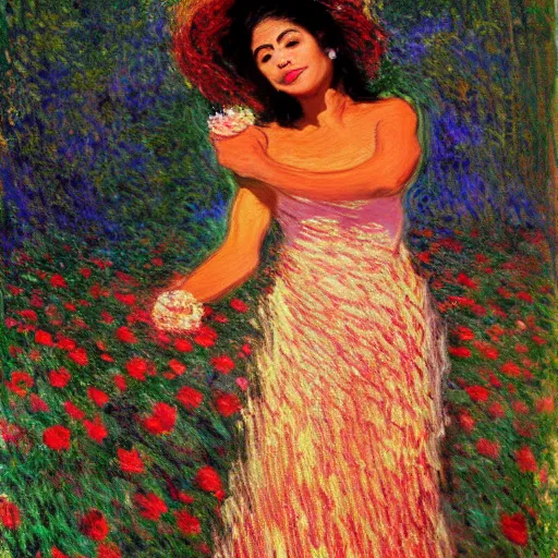 Image similar to beautiful tan mexican woman, full body, dancing in a field of roses and many other exotic flowers, prominent rosy cheek bones, black hair and brown eyes, monet and da vinchi art style,