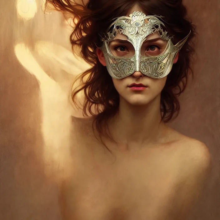 Prompt: removing mask under another mask, diffuse lighting, fantasy, intricate, elegant, highly detailed, lifelike, photorealistic, digital painting, artstation, illustration, concept art, smooth, sharp focus, art by John Collier and Albert Aublet and Krenz Cushart and Artem Demura and Alphonse Mucha