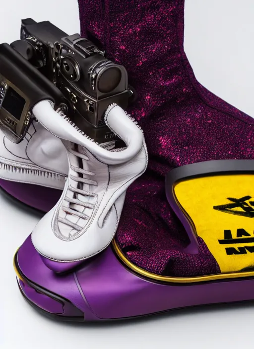 Image similar to hyperrealistic and heavy detailed product photo off white avant garde boot of thanos ( marvel comics ), in front of white back drop, whole shoe is in picture, leica sl 2 5 0 mm, vivid color, high quality, high textured, real life