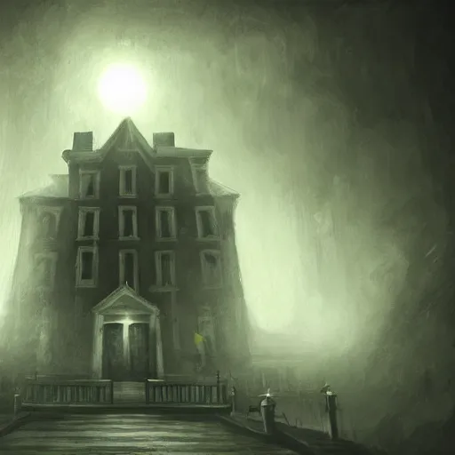 Prompt: miskatonic institute, mysterious, foggy night, lovecraftian shadows, highly detailed, ultra detailed, ultra realistic, trending on artstation