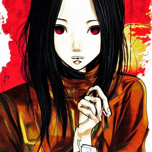 Image similar to stylized portrait of beautiful jun amaki model instagram girl anime style wearing street fashion painted by katsuya terada and masamune shirow