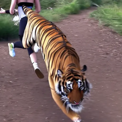 Prompt: screenshot of go pro footage emma watson running from tiger