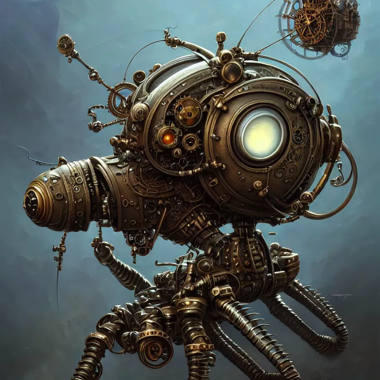 Image similar to steampunk robot ant, unreal engine realistic render, 8 k, micro detail, intricate, elegant, highly detailed, centered, digital painting, artstation, smooth, sharp focus, illustration, artgerm, tomasz alen kopera, peter mohrbacher, donato giancola, joseph christian leyendecker, wlop, boris vallejo