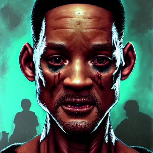 Prompt: eighties will smith as a flesh eating zombie with cuts on face, 7 days to die zombie, fine art, award winning, intricate, elegant, sharp focus, cinematic lighting, highly detailed, digital painting, 8 k concept art, art by guweiz and z. w. gu, masterpiece, trending on artstation, 8 k