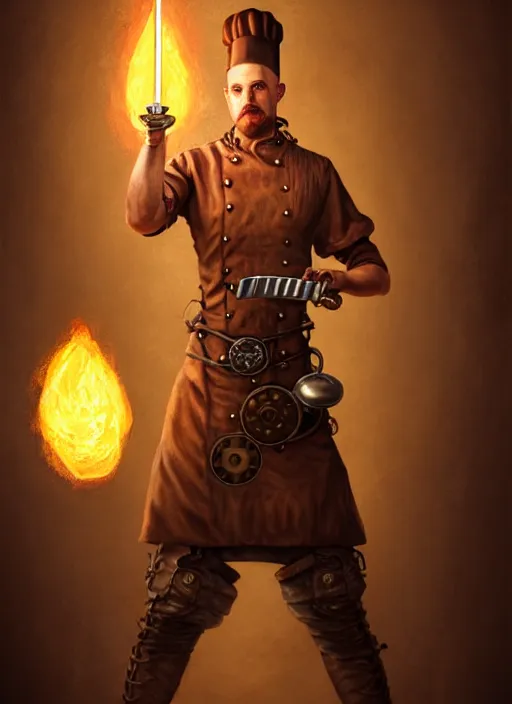 Image similar to detailed portrait of a steampunk chef character posing battle stance holding a giant glowing runeforged kitchen knife, diffuse lighting, scifi fantasy, intricate, highly detailed, lifelike, photorealistic, digital painting, artstation, illustration, concept art, smooth, sharp focus, art by john collier and albert aublet and krenz cushart