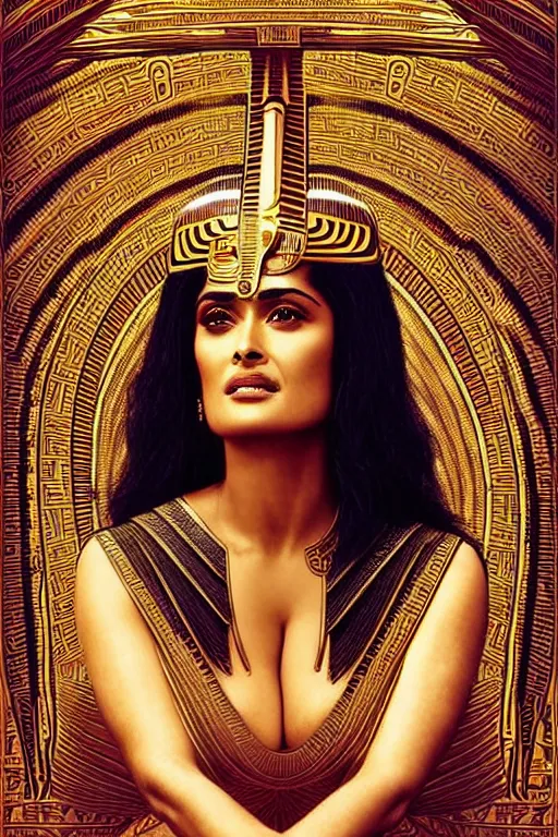 Image similar to Portrait of Salma Hayek as Cleopatra, intricate art deco leaf designs, elegant, highly detailed Egyptian patterns, hieroglyph, sharp focus, art by Artgerm and beeple