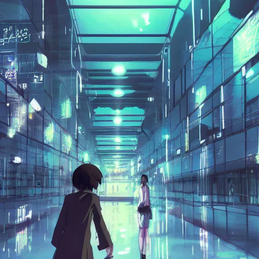 Image similar to a serial experiments lain inspired makoto shinkai scenery artwork