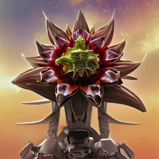 Image similar to futuristic stapelia grandiflora mecha star flower body, sepals forming helmet, floral details, stapelia grandiflora, 8 k hd resolution, barbatos gundam with floral inlay, bandai box art, star wars, makoto kobayashi, frank gehry, raymond swanland