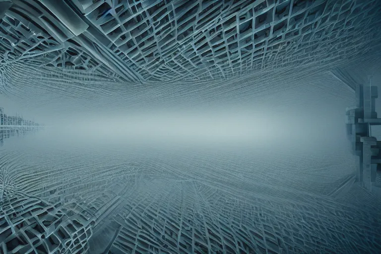 Image similar to a complex organic fractal 3 d ceramic megastructure city, cinematic shot, foggy, photo still from movie by denis villeneuve