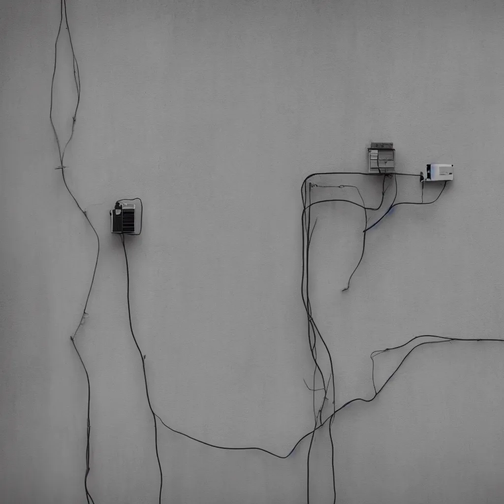 Prompt: close - up seen a profile wall with a moist air conditioner in the room and an air conditioner on the terrace with water spray faded on the wall connected by transparent cables, depth of field, sunny, ultra realistic, very detailed, 8 k hyper realistic detailed cinematic still by nadav kander