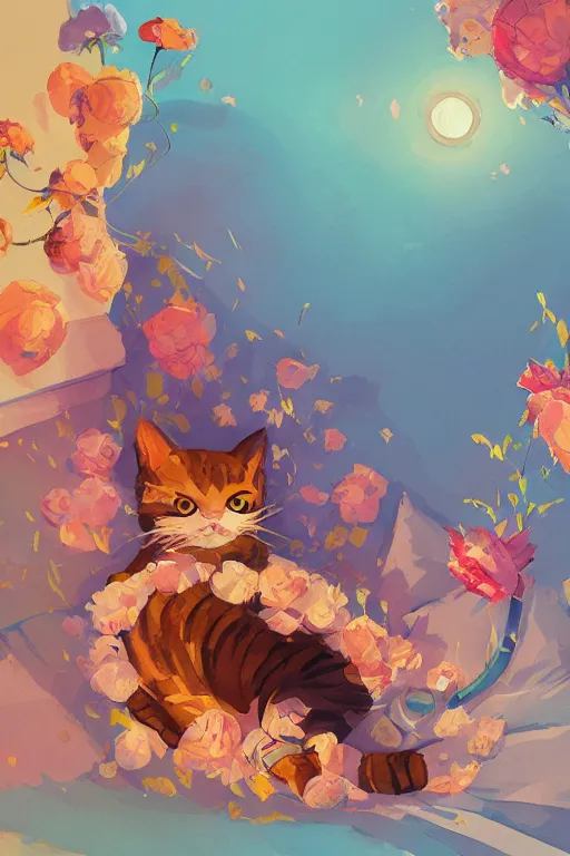 Image similar to a digital art of a cat sleeping in the room with flowers around in the afternoon, the sun shines in, storybook art, watercolor, detailed, cute, by anton fadeev, featured on artstation