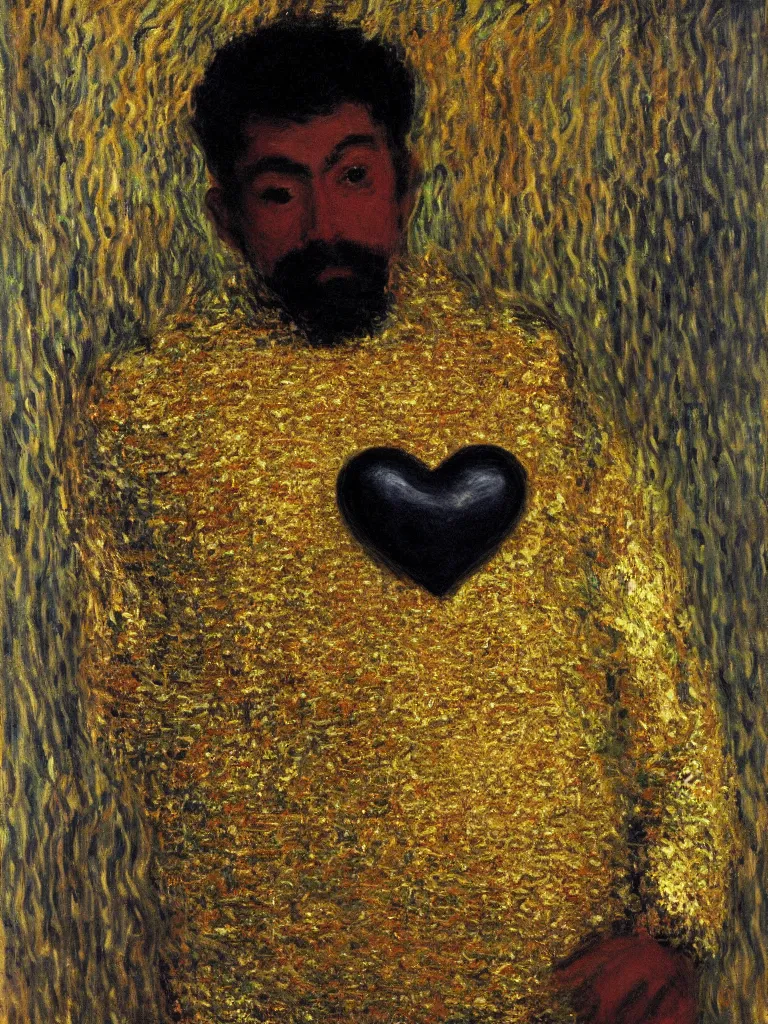 Prompt: Portrait of a gold man holding a black heart, by Monet