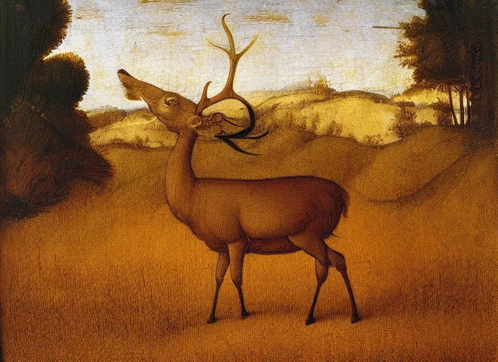 Prompt: A painting in the style Leonardo Da Vinci of a deer standing in a wheat field surrounded by a forest