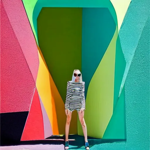 Image similar to geometric colorful smooth shapes rendered as a fashion photo