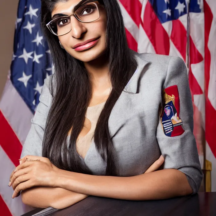 Prompt: portrait of Mia Khalifa as the President of United States, by Charlotte Grimm, natural light, detailed face, CANON Eos C300, ƒ1.8, 35mm, 8K, medium-format print