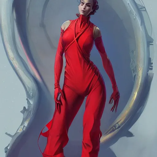 Prompt: a female wearing a red mechanics jumpsuit, intricate, elegant, highly detailed, digital painting, artstation, concept art, smooth, sharp focus, illustration, art by artgerm and greg rutkowski and alphonse mucha, 8 k