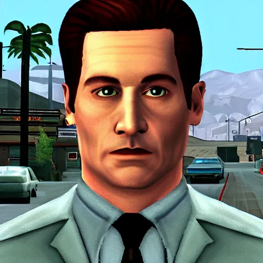 Prompt: Screenshot of Special Agent Dale Cooper in Grand Theft Auto: San Andreas