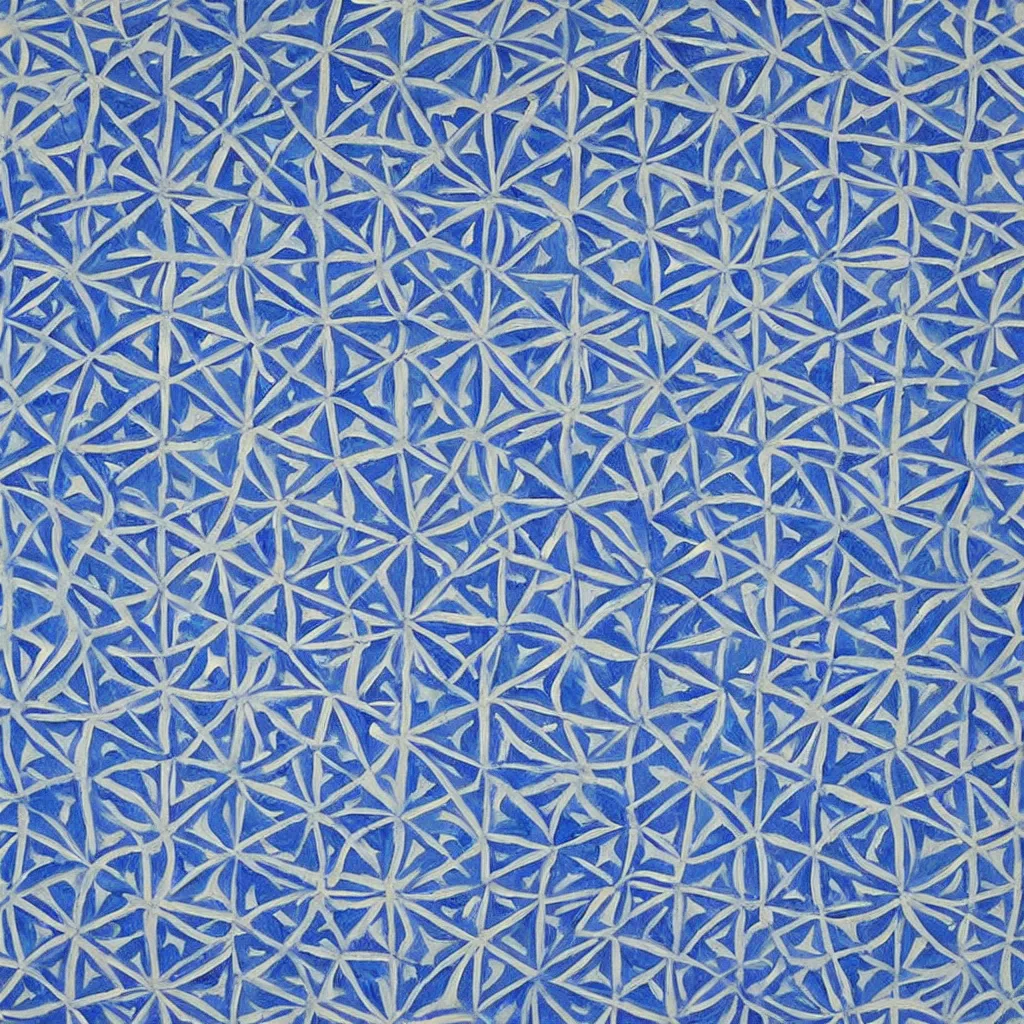 Prompt: a impasto oil painting of beautiful, symmetric indian pattern, blue! and white colors, ultra high details, symmetry, large hexagons!! shapes