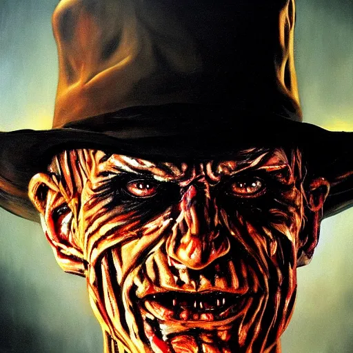 Image similar to ultra realistic portrait painting of freddy krueger, art by frank frazetta, 4 k, ultra realistic, highly detailed, epic lighting