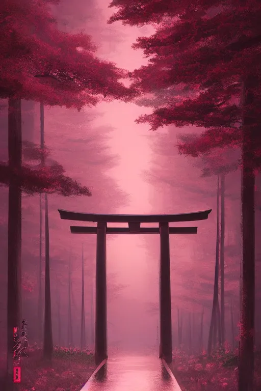 Image similar to Japanese Torii in the center of the picture , torii in a moutain with trees ,night , by Grzegorz Rutkowski, concept art, pink scheme