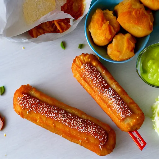 Image similar to a dutch friture snack called Frikandel Speciaal, the snack has a cut lengthwise, so that it can accommodate mayonnaise and red curry and small pieces of onion served in a white long plastic container on a plate