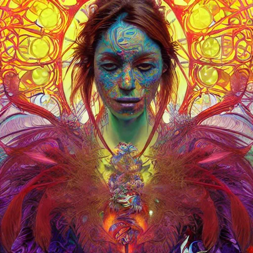 Image similar to A reality bending psychedelic ayahuasca experience, colorful, distorted, surreal, tropical bird feathers, dramatic lighting on the face, intricate, elegant, highly detailed, digital painting, concept art, smooth, sharp focus, illustration, art by Krenz Cushart and Wayne Barlowe and alphonse mucha