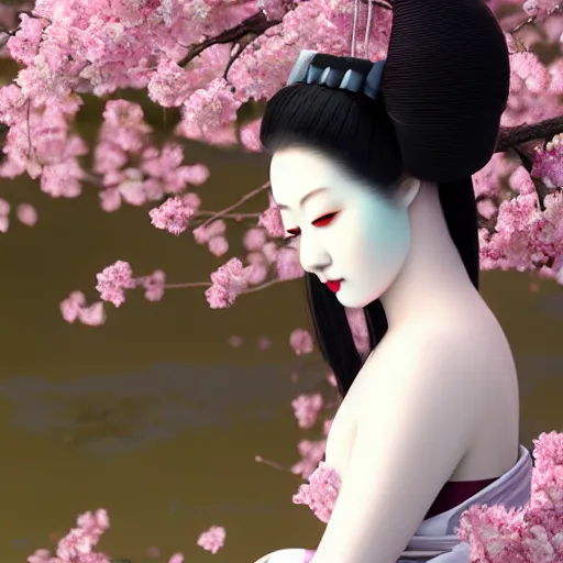 Prompt: extremely beautiful geisha gazing into camera lens, hyper realistic 3 d digital art, cherry blossom pedals floating around, trending on artstation