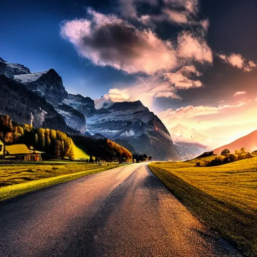 Image similar to Beautiful cinematic photo, hd, hdr, 4k, switzerland landscape, award-winning, incredibly detailed, expensive