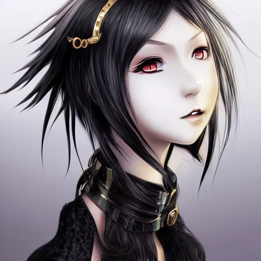 Prompt: headshot of a young gothic anime woman with black hair and golden highlights, wearing a black necklace and with pretty makeup, drawn by WLOP, by Avetetsuya Studios, anime drawing, trending on artstation