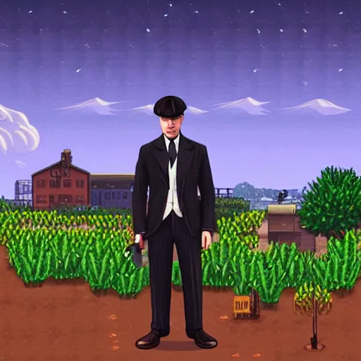 Prompt: tommy shelby in birmingham peaky blinders walking at night bar in distance, stardew valley aesthetic, dark, grimy, moonlit sky with a few clouds, muddy street, creepy, art by concernedape