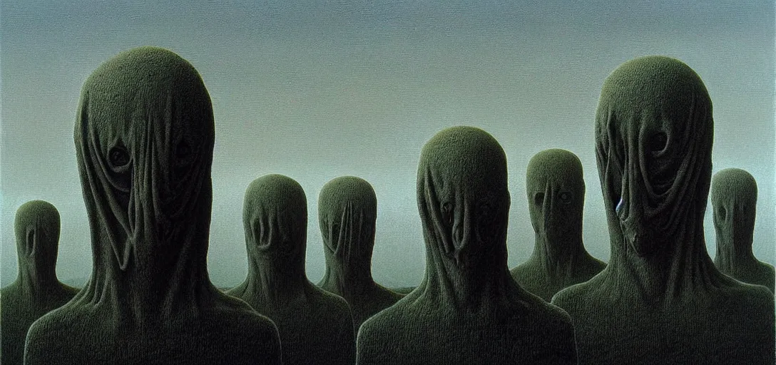 Image similar to highly detailed horror dystopian surreal painting of eerie head statues and buildings by zdzisław beksinski