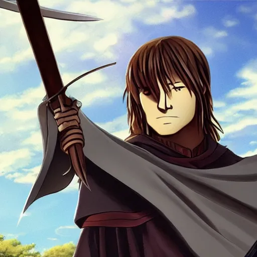 Image similar to boromir in an anime world, holding a sword, incredibly detailed, ultra realistic