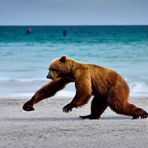 Prompt: breakdancing bear on a beach
