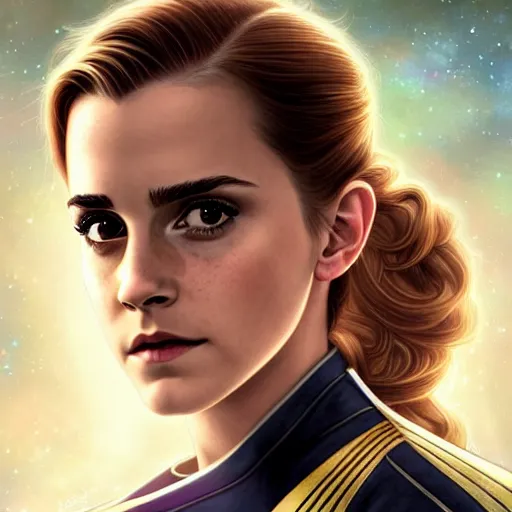 Image similar to beautiful detailed picture of emma watson as a star fleet officer from star trek next generation, radiant light, art nouveau, intricate, elegant, highly detailed, symmetrical face, my rendition, digital painting, artstation, concept art, smooth, sharp focus, illustration, art by artgerm and greg rutkowski and alphonse mucha