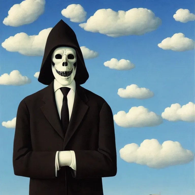 Image similar to portrait of a faceless grim reaper in a suit, clouds in the background, by rene magritte, detailed painting, distance, middle centered, hd, hq, high resolution, high detail, 4 k, 8 k