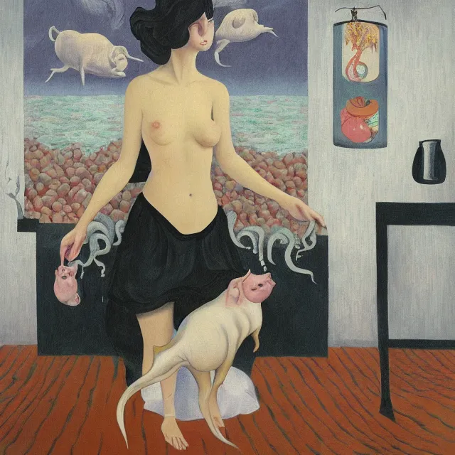 Image similar to tall female emo artist holding a pig in a flooded cafe, octopus, water gushing from ceiling, painting of flood waters inside a cafe, a river flooding indoors, pomegranates, pigs, ikebana, water, octopus, river, rapids, waterfall, black swans, canoe, berries, acrylic on canvas, surrealist, by magritte and monet