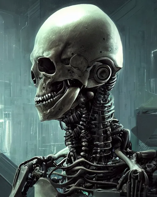 Image similar to skeleton with cybernetic enhancements with some flesh as seen from a distance, scifi character portrait by greg rutkowski, esuthio, craig mullins, 1 / 4 headshot, cinematic lighting, dystopian scifi gear, gloomy, profile picture, mechanical, half robot, implants, solarpunk